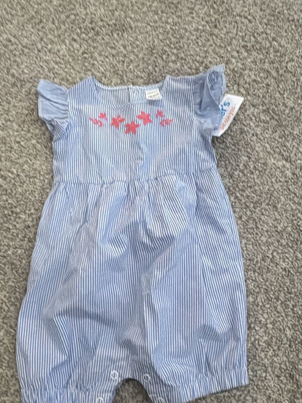 Carter's Blue & White Striped Romper with Pink Floral Embroidery